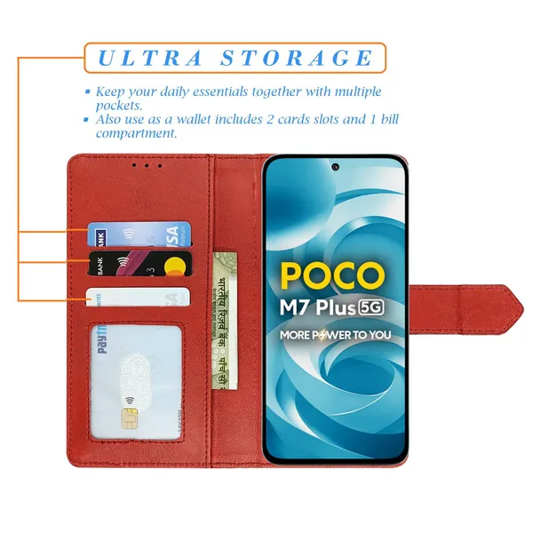 Kite_Red_Flip_Cover_for_Poco_M7_Plus_5G|_Leather_Finish|Shock_Proof|Magnetic_Clouser_Compatible_with_Poco_M7_Plus_5G_(Red)