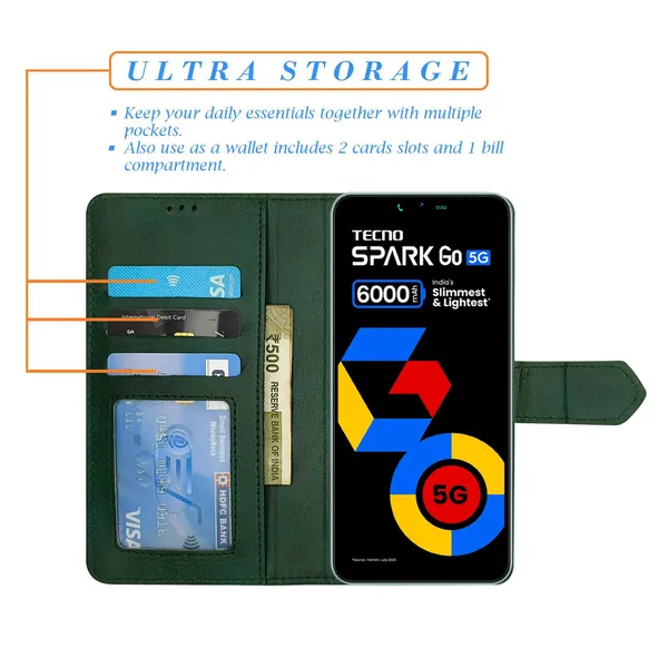 Kite_Green_Flip_Cover_for_Tecno_Spark_Go_5G|_Leather_Finish|Shock_Proof|Magnetic_Clouser_Compatible_with_Tecno_Spark_Go_5G_(Green)