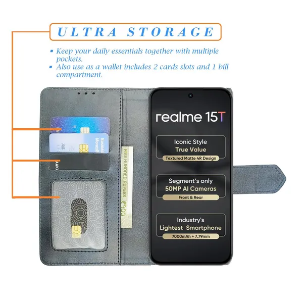 Kite_Blue_Flip_Cover_for_Realme_15T_5G|_Leather_Finish|Shock_Proof|Magnetic_Clouser_Compatible_with_Realme_15T_5G_(Blue)