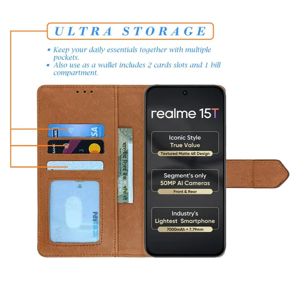Kite_Brown_Flip_Cover_for_Realme_15T_5G|_Leather_Finish|Shock_Proof|Magnetic_Clouser_Compatible_with_Realme_15T_5G_(Brown)