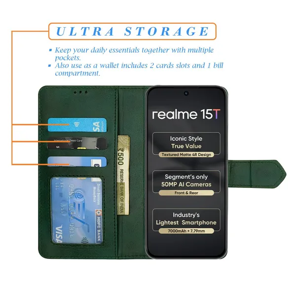Kite_Green_Flip_Cover_for_Realme_15T_5G|_Leather_Finish|Shock_Proof|Magnetic_Clouser_Compatible_with_Realme_15T_5G_(Green)