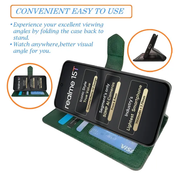 Kite_Green_Flip_Cover_for_Realme_15T_5G|_Leather_Finish|Shock_Proof|Magnetic_Clouser_Compatible_with_Realme_15T_5G_(Green)