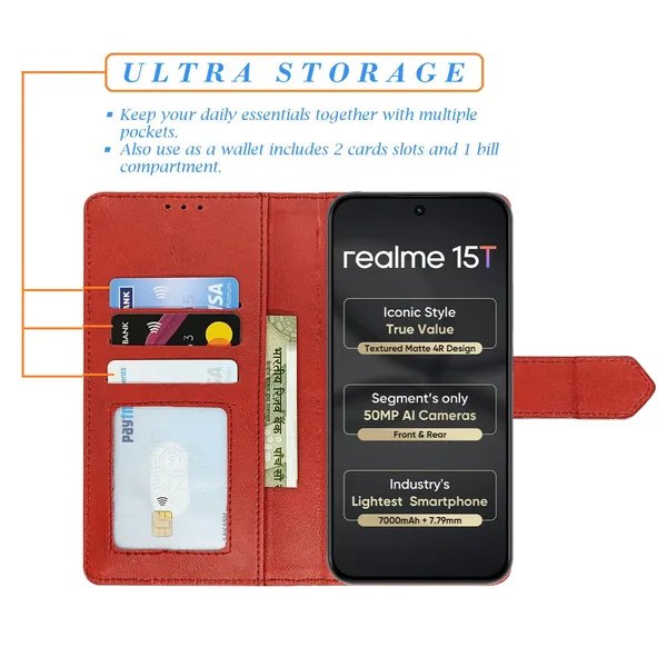 Kite_Red_Flip_Cover_for_Realme_15T_5G|_Leather_Finish|Shock_Proof|Magnetic_Clouser_Compatible_with_Realme_15T_5G_(Red)