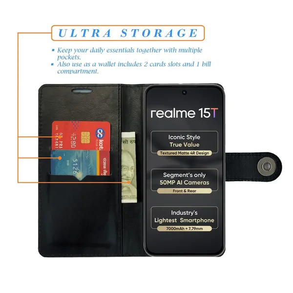 Manjoor_Black_Flip_Cover_for_Realme_15T_5G|_Leather_Finish|Shock_Proof|Magnetic_Clouser_Compatible_with_Realme_15T_5G_(Black)