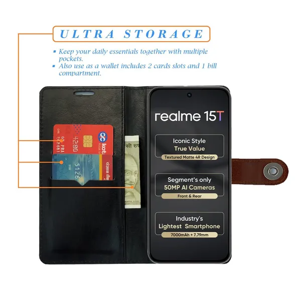 Manjoor_Brown_Flip_Cover_for_Realme_15T_5G|_Leather_Finish|Shock_Proof|Magnetic_Clouser_Compatible_with_Realme_15T_5G_(Brown)