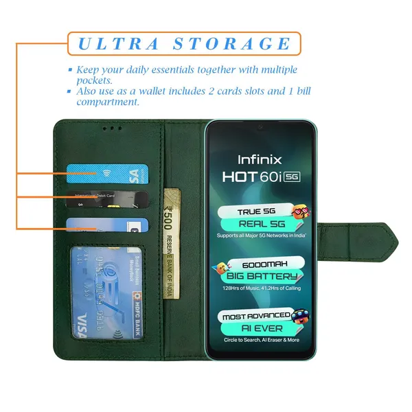 Kite_Green_Flip_Cover_for_Infinix_Hot_60i_5G|_Leather_Finish|Shock_Proof|Magnetic_Clouser_Compatible_with_Infinix_Hot_60i_5G_(Green)