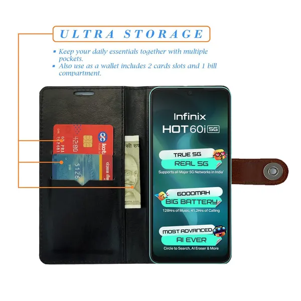 Manjoor_Brown_Flip_Cover_for_Infinix_Hot_60i_5G|_Leather_Finish|Shock_Proof|Magnetic_Clouser_Compatible_with_Infinix_Hot_60i_5G_(Brown)