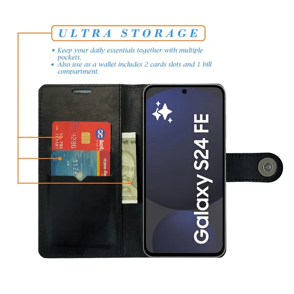 Manjoor_Black_Flip_Cover_for_Samsung_S24_FE_5G|_Leather_Finish|Shock_Proof|Magnetic_Clouser_Compatible_with_Samsung_S24_FE_5G_(Black)