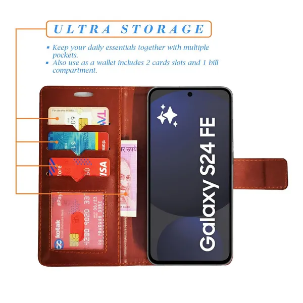 Brown_GP_Flip_Cover_for_Samsung_S24_FE_5G|_Leather_Finish|Shock_Proof|Magnetic_Clouser_Compatible_with_Samsung_S24_FE_5G_(Brown)