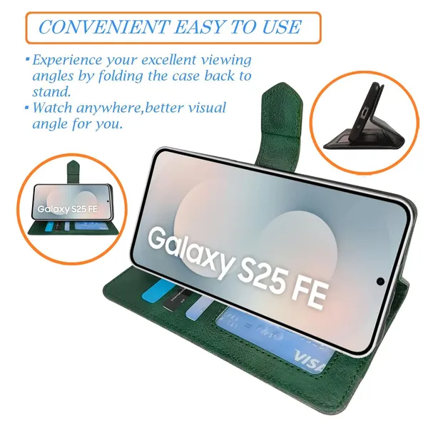 Kite_Green_Flip_Cover_for_Samsung_S25_FE_5G|_Leather_Finish|Shock_Proof|Magnetic_Clouser_Compatible_with_Samsung_S25_FE_5G_(Green)
