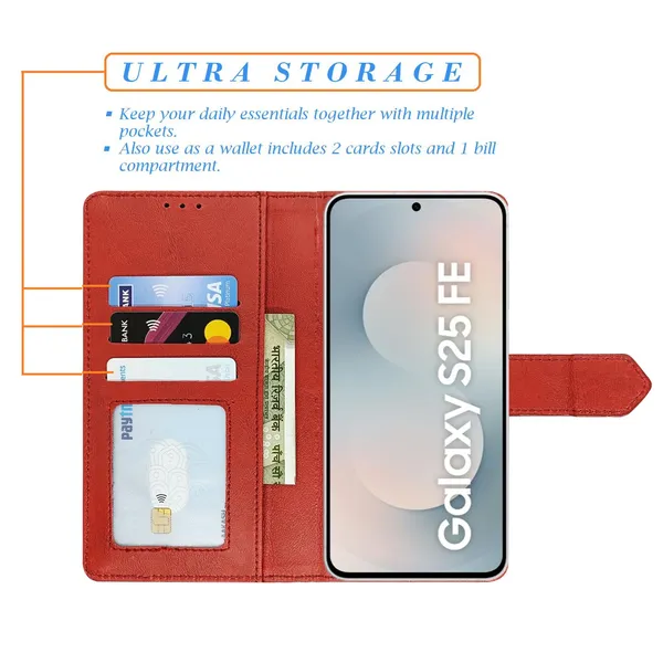 Kite_Red_Flip_Cover_for_Samsung_S25_FE_5G|_Leather_Finish|Shock_Proof|Magnetic_Clouser_Compatible_with_Samsung_S25_FE_5G_(Red)