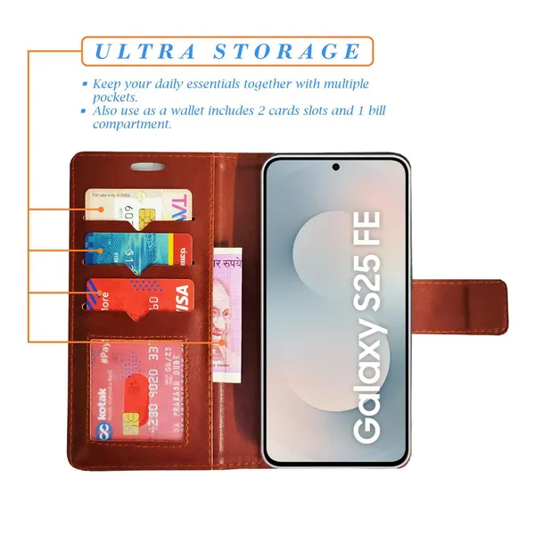 Brown_GP_Flip_Cover_for_Samsung_S25_FE_5G|_Leather_Finish|Shock_Proof|Magnetic_Clouser_Compatible_with_Samsung_S25_FE_5G_(Brown)