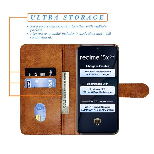 Khadi_Yellow_Flip_Cover_for_Realme_15X_5G|_Leather_Finish|Shock_Proof|Magnetic_Clouser_Compatible_with_Realme_15X_5G_(Yellow)