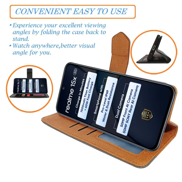 Kite_Brown_Flip_Cover_for_Realme_15X_5G|_Leather_Finish|Shock_Proof|Magnetic_Clouser_Compatible_with_Realme_15X_5G_(Brown)