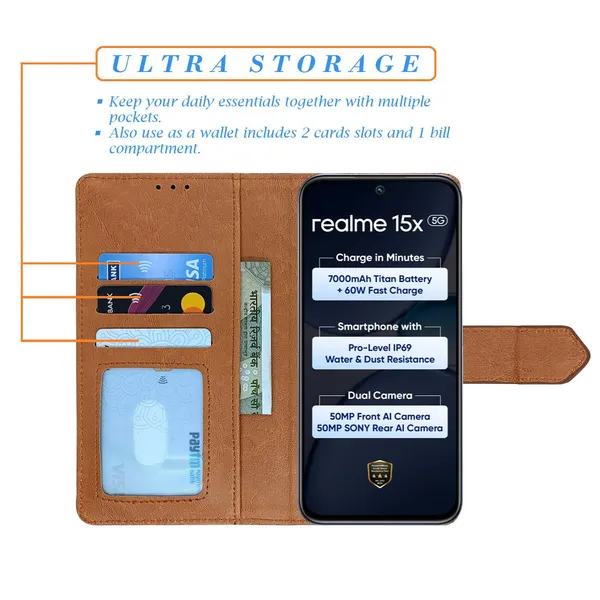 Kite_Brown_Flip_Cover_for_Realme_15X_5G|_Leather_Finish|Shock_Proof|Magnetic_Clouser_Compatible_with_Realme_15X_5G_(Brown)