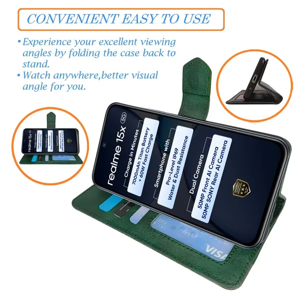 Kite_Green_Flip_Cover_for_Realme_15X_5G|_Leather_Finish|Shock_Proof|Magnetic_Clouser_Compatible_with_Realme_15X_5G_(Green)