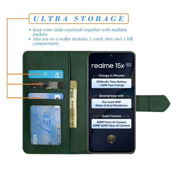 Kite_Green_Flip_Cover_for_Realme_15X_5G|_Leather_Finish|Shock_Proof|Magnetic_Clouser_Compatible_with_Realme_15X_5G_(Green)