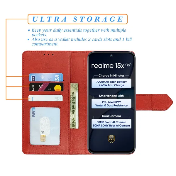 Kite_Red_Flip_Cover_for_Realme_15X_5G|_Leather_Finish|Shock_Proof|Magnetic_Clouser_Compatible_with_Realme_15X_5G_(Red)