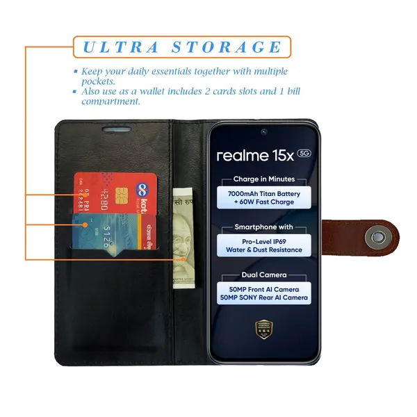 Manjoor_Brown_Flip_Cover_for_Realme_15X_5G|_Leather_Finish|Shock_Proof|Magnetic_Clouser_Compatible_with_Realme_15X_5G_(Brown)