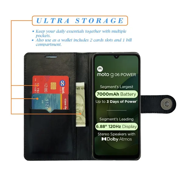 Manjoor_Black_Flip_Cover_for_Moto_G06_Power|_Leather_Finish|Shock_Proof|Magnetic_Clouser_Compatible_with_Moto_G06_Power_(Black)