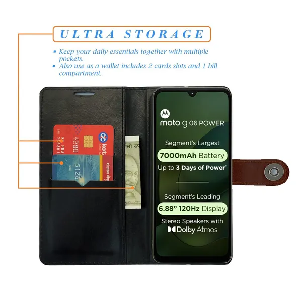 Manjoor_Brown_Flip_Cover_for_Moto_G06_Power|_Leather_Finish|Shock_Proof|Magnetic_Clouser_Compatible_with_Moto_G06_Power_(Brown)