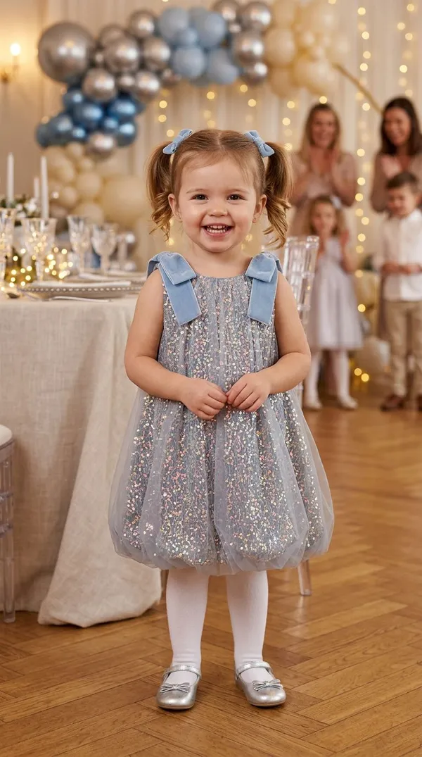 Grey_Cotton_Sparkling_Silver_Party_Dress_With_Blue_Bow_Accents_For_Girls