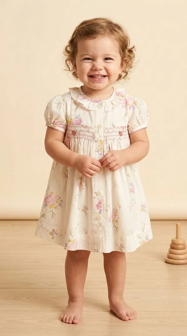 Cream_Floral_Print_Cotton_Smocked_Dress_For_Baby_Girls