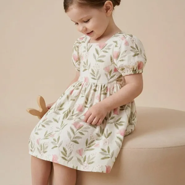 Pink_And_Green_On_White_Cotton_Floral_Print_Dress_With_Puffed_Sleeves_For_Girls