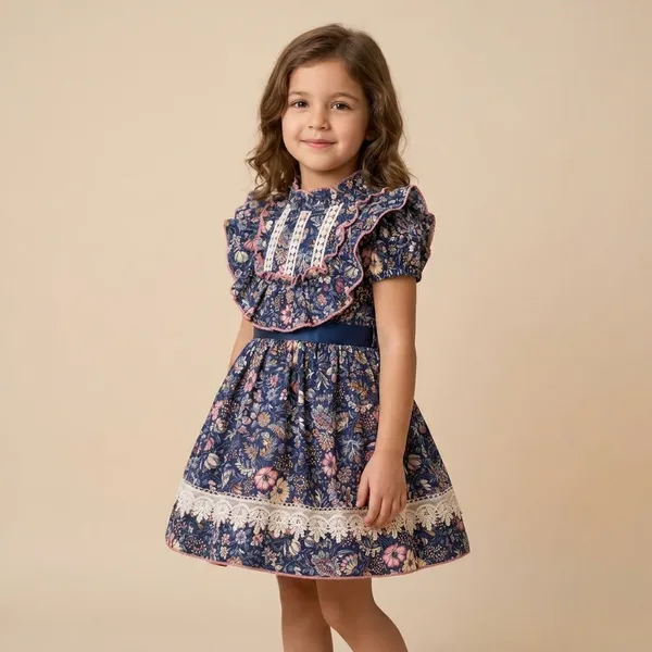 Navy_Blue_Cotton_Floral_Print_Dress_With_Lace_Trim_For_Girls