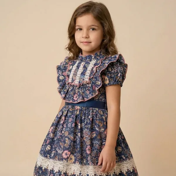 Navy_Blue_Cotton_Floral_Print_Dress_With_Lace_Trim_For_Girls