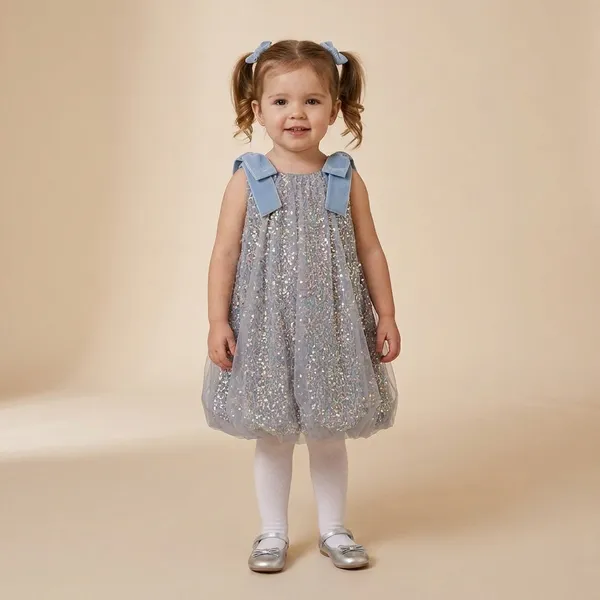 Grey_Cotton_Sparkling_Silver_Party_Dress_With_Blue_Bow_Accents_For_Girls