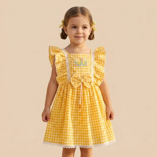 Yellow_Gingham_Cotton_Check_Dress_With_Bow_And_Embroidery_For_Girls