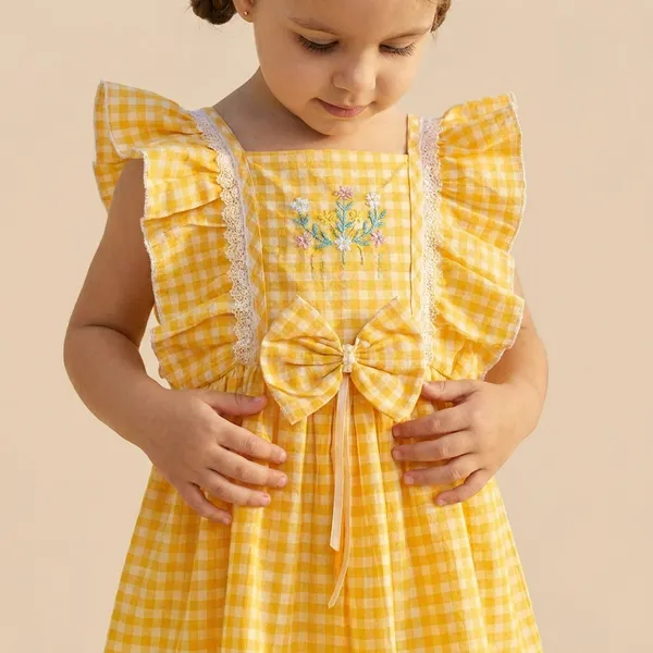 Yellow_Gingham_Cotton_Check_Dress_With_Bow_And_Embroidery_For_Girls