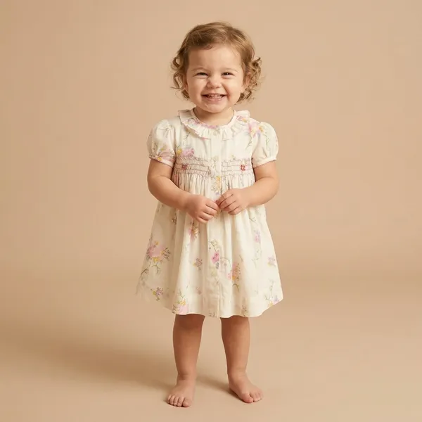 Cream_Floral_Print_Cotton_Smocked_Dress_For_Baby_Girls