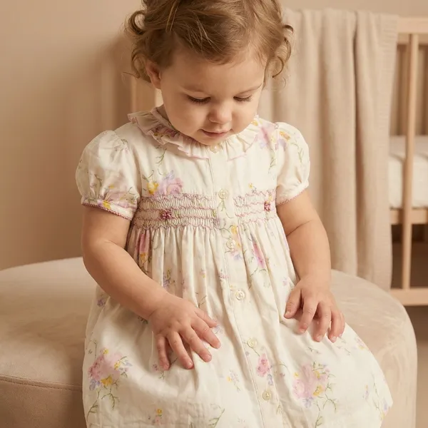 Cream_Floral_Print_Cotton_Smocked_Dress_For_Baby_Girls