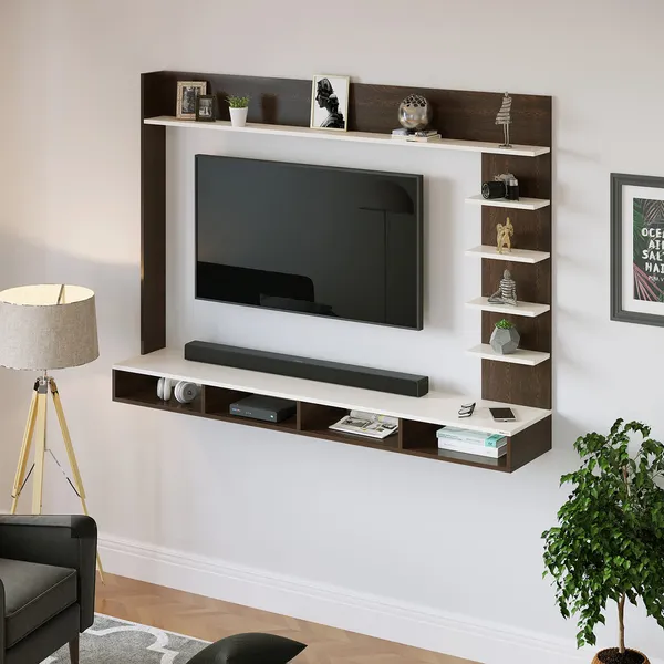 DecoresAny_Elegant_Case_style_Engineering_Wood_Wall_Mount_Tv_Entertainment_Unit_Set_Top_Box_Stand/Tv_Cabinet_With_Shelves_For_Books_&_Decor_Display_Unit,_Ideal_For_upto_42”_smart_Tv_(Brown_Maple_&_White)