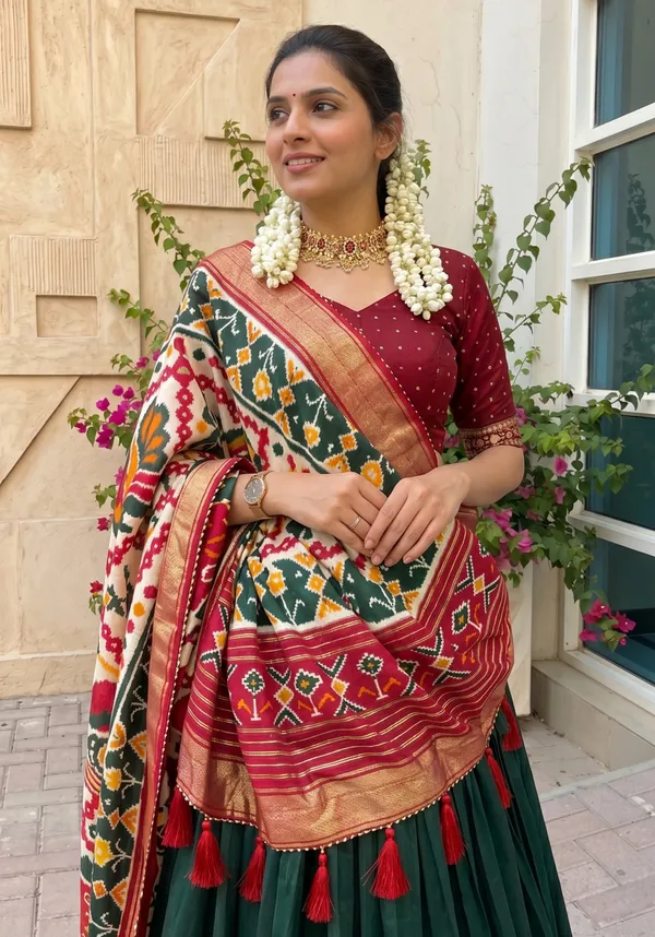 Green_Dola_Silk_Premium_&_Elegant_Patola_Print_With_Foil_Work_Lehenga_Choli_For_Women_&_Girls