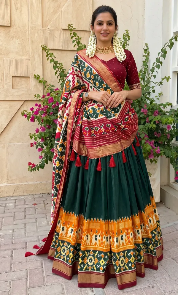 Green_Dola_Silk_Premium_&_Elegant_Patola_Print_With_Foil_Work_Lehenga_Choli_For_Women_&_Girls