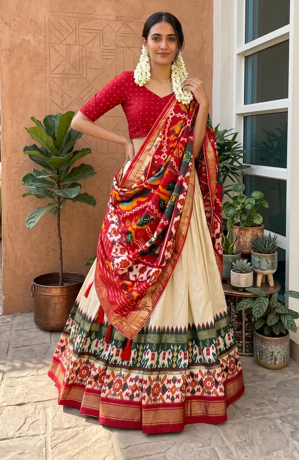 White_Dola_Silk_Premium_&_Elegant_Patola_Print_With_Foil_Work_Lehenga_Choli_For_Women_&_Girls
