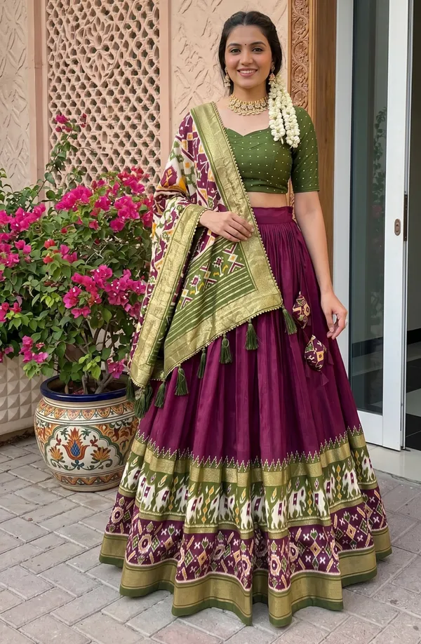 Wine_Dola_Silk_Premium_&_Elegant_Patola_Print_With_Foil_Work_Lehenga_Choli_For_Women_&_Girls