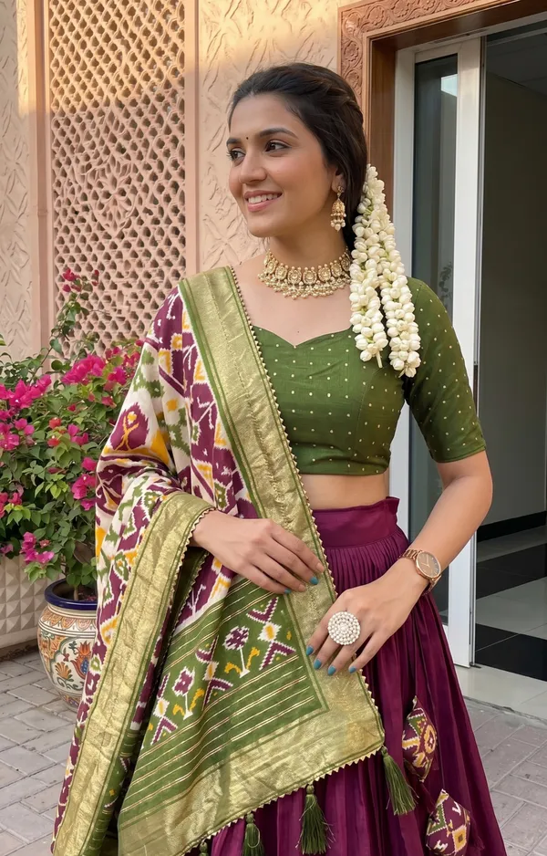 Wine_Dola_Silk_Premium_&_Elegant_Patola_Print_With_Foil_Work_Lehenga_Choli_For_Women_&_Girls