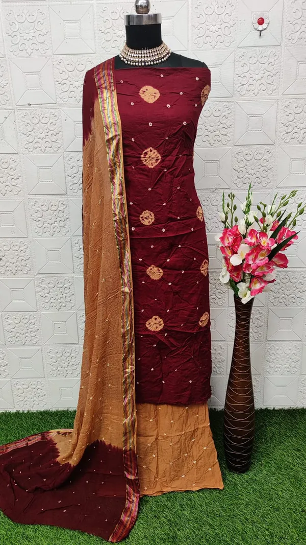Pure_Cotton_Hand_Bandhej_Bandhani_Unstitched_Suit_Dress_Material_With_2_Meter_Dupatta_For_Women