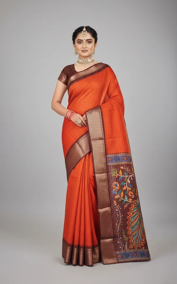 Orange_Woven,_Checkered_Mysore_Silk_Blend,_Art_Silk_Saree