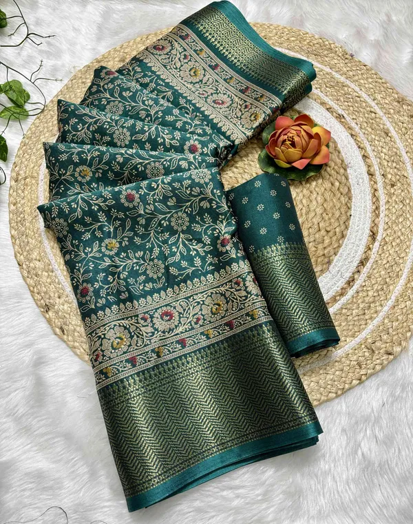 Blue_Floral_Print,_Woven_Kalamkari_Silk_Blend_Saree
