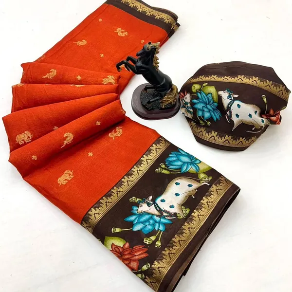 Orange_Printed,_Woven_Mysore_Silk_Blend,_Jacquard_Saree
