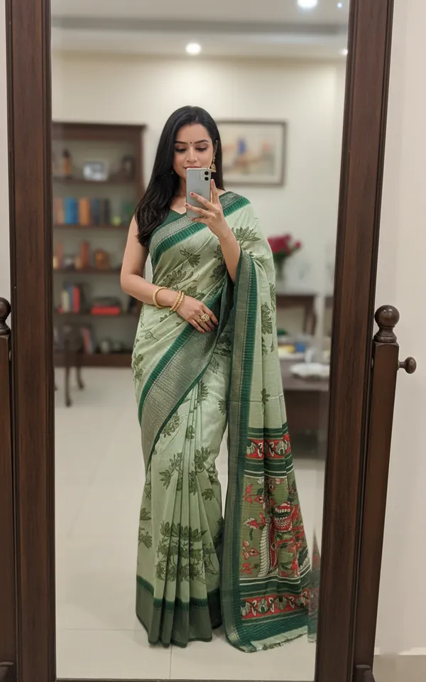 Green_Woven,_Printed_Daily_Wear_Silk_Blend,_Art_Silk_Saree