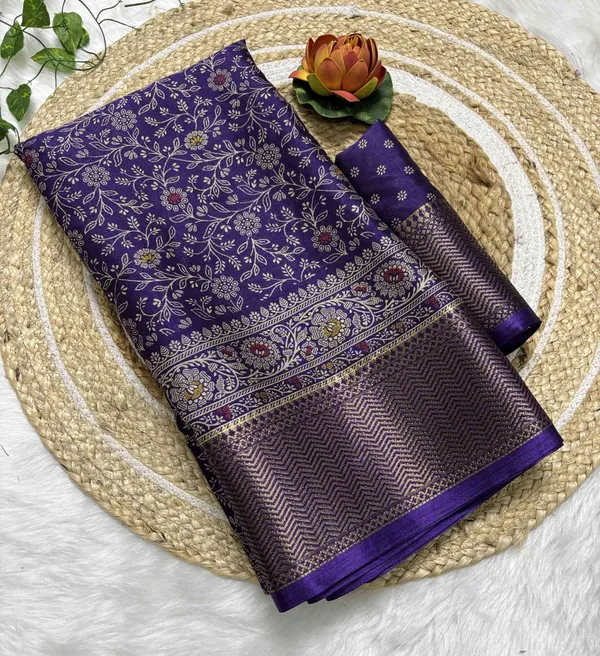 Purple_Floral_Print,_Woven_Kalamkari_Silk_Blend_Saree