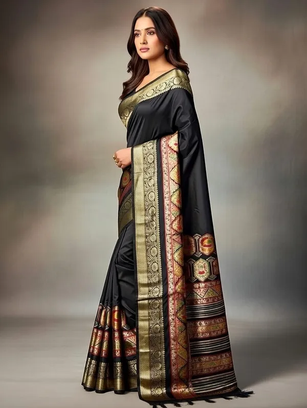 Black_Woven,_Printed_Kalamkari_Jacquard,_Silk_Blend_Saree