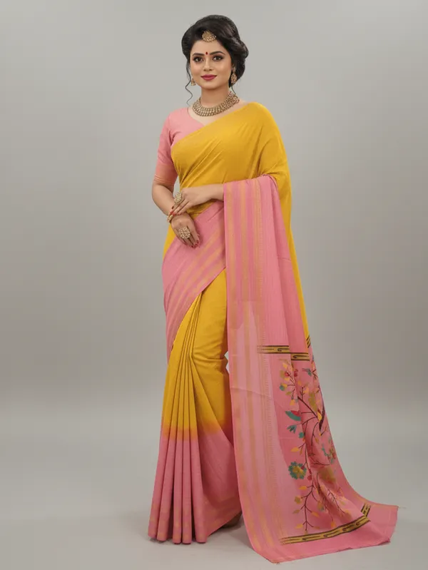 Pink_And_Yellow_Woven,_Checkered_Mysore_Silk_Blend,_Jacquard_Saree