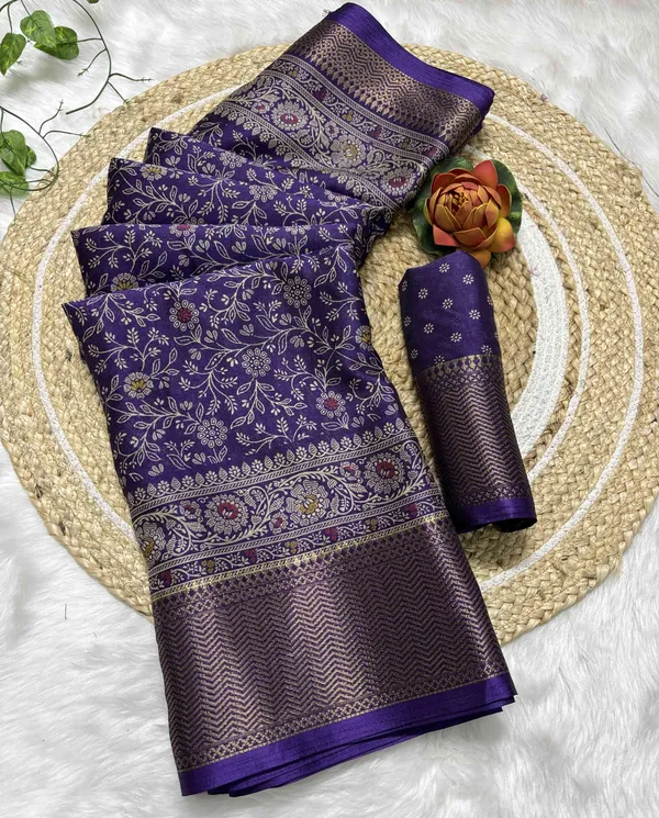 Purple_Floral_Print,_Woven_Kalamkari_Silk_Blend_Saree